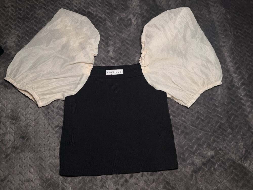 Miou Muse Size S Black Knit Top with Sheer Puff Sleeves MMT1389